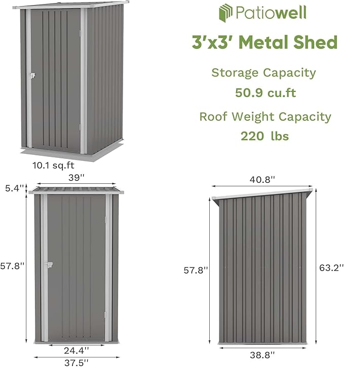 Patiowell 3 x 3 FT Outdoor Storage Shed,Small Garden Tool Storage Shed with Sloping Roof and Single Lockable Door, Outdoor Shed for Backyard Garden Patio Lawn, Grey