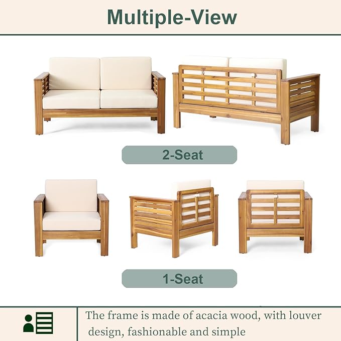 2-Piece Patio Furniture Set: Outdoor Acacia Wood Patio Furniture Set with Loveseat & Coffee Table with Premium Cushions, Durable Conversation Set for Backyard, Garden (2, Brown)