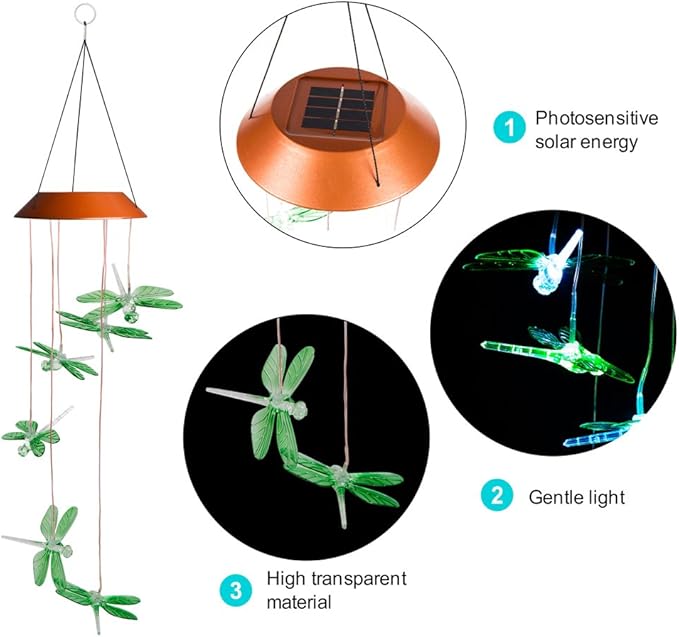 LED Solar Dragonfly Wind Chimes Outdoor - Waterproof Solar Powered LED Changing Light Color Six Dragonflies Mobile Romantic Wind-Bell for Home, Party, Festival Decor, Night Garden Decoration