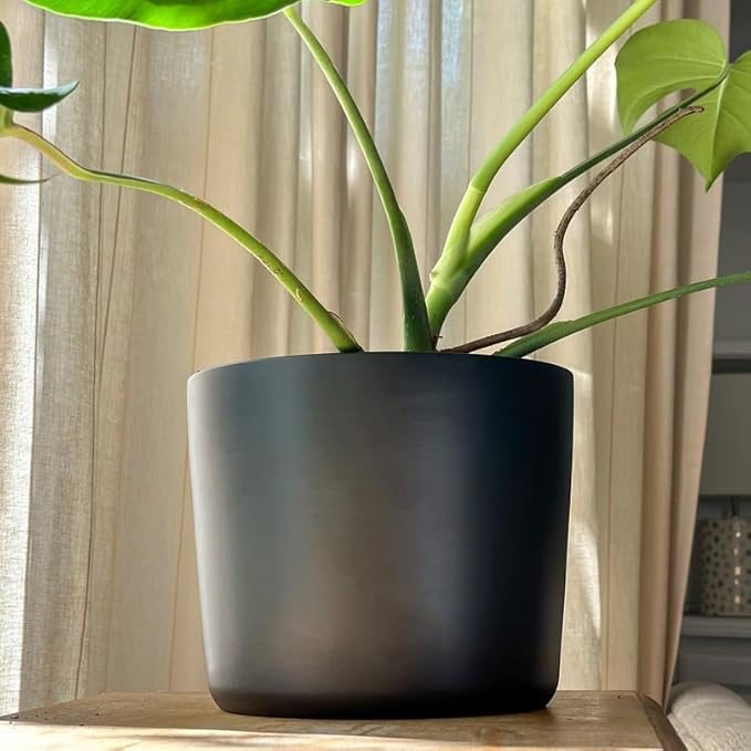 Willowy 9 Inch Black Ceramic Plant Pot with Drainage - 9 Inch Plant Pot for Indoor Plants, Flower Planter, Tall Modern Planter