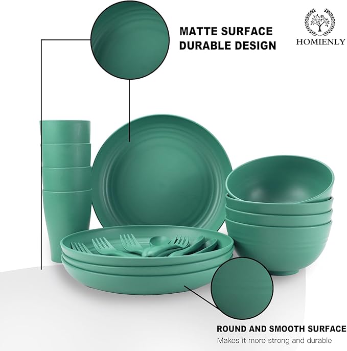 Wheat Straw Dinnerware Sets, Homienly 20pcs Unbreakable Microwave Dishwasher Safe Tableware Lightweight Bowls, Cups, Plates Set Reusable Dinner Plates Bowls set (Green)