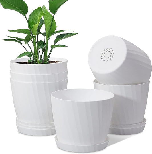 7 Inch Plant Pots Bulk, 6 Pack Plastic Planters with Drainage Holes and Saucers for Indoor Outdoor House Plants and Flowers, White