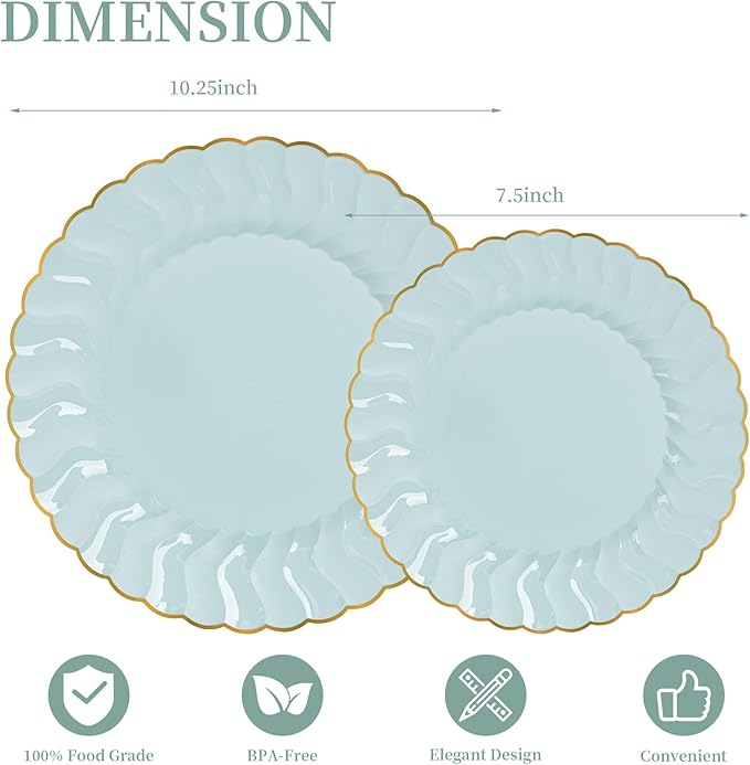 Lullaby 60PCS Sage Green Plastic Plates with Gold Rim, Includes 30PCS Dinner Plate 10.25'' and 30 PCS Dessert Plate 7.5'', Green Disposable Plates for Party, Birthdays, Wedding and Daily Use