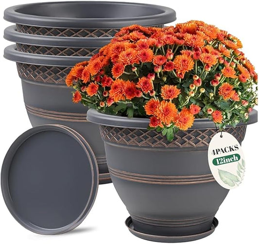 4 Pack 12 Inch Large Plant Pots, Plastic Flower Pot for Indoor & Outdoor with Drainage Holes & Saucer, Plaid Pattern Planters Garden Pots for Herbs Bronze