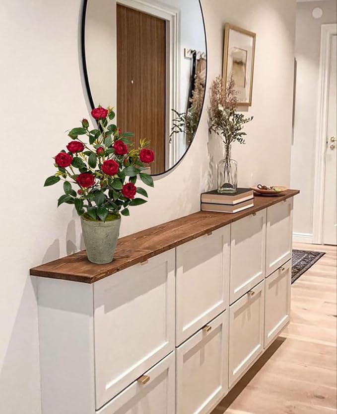 Artificial Flower Plants Camellia Red Roses Faux Potted Plant with Cement Pot Fake Silk Flower Rose Camellias Flower Arrangement Office Home Decor Bathroom Shelf Desk Decoration 15 Inch
