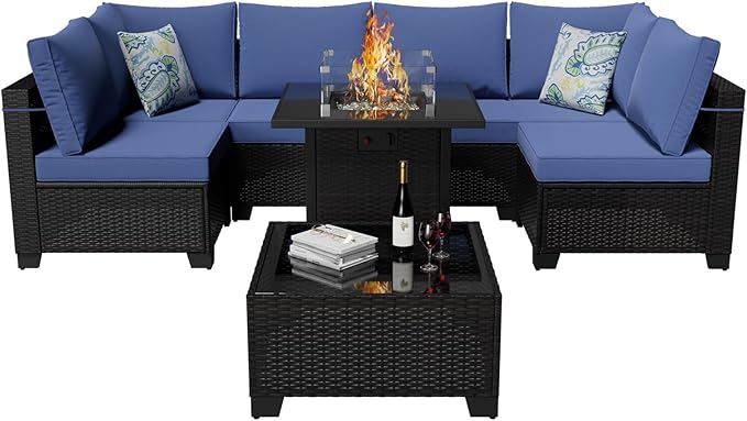 Patio Furniture Set with Fire Pit Table 28", 8-Piece Outdoor Furniture Conversation Set with Cushions, Wicker Sectional Sofa for Porch Garden Backyard, Brown/Blue