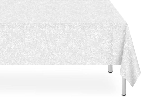 2 Pack Plastic Lace Tablecloth, White Plastic Table Cloths for Parties Disposable, 54x108 in Waterproof Rectangular Plastic Lace Camping Tablecloth for Birthday, Party, Wedding