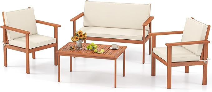 Tangkula Acacia Wood Patio Conversation Set, Outdoor Wooden Cushioned Chairs & Slatted Coffee Table Set,for Backyard, Porch, Balcony, Poolside and Lawn (Off White,1)