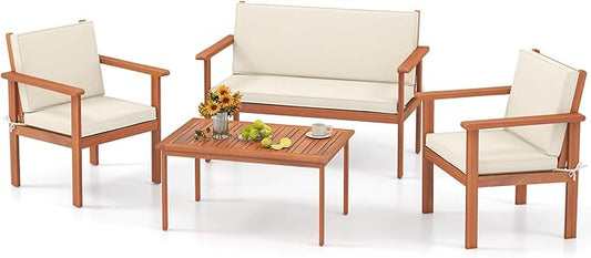 Tangkula Acacia Wood Patio Conversation Set, Outdoor Wooden Cushioned Chairs & Slatted Coffee Table Set,for Backyard, Porch, Balcony, Poolside and Lawn (Off White,1)