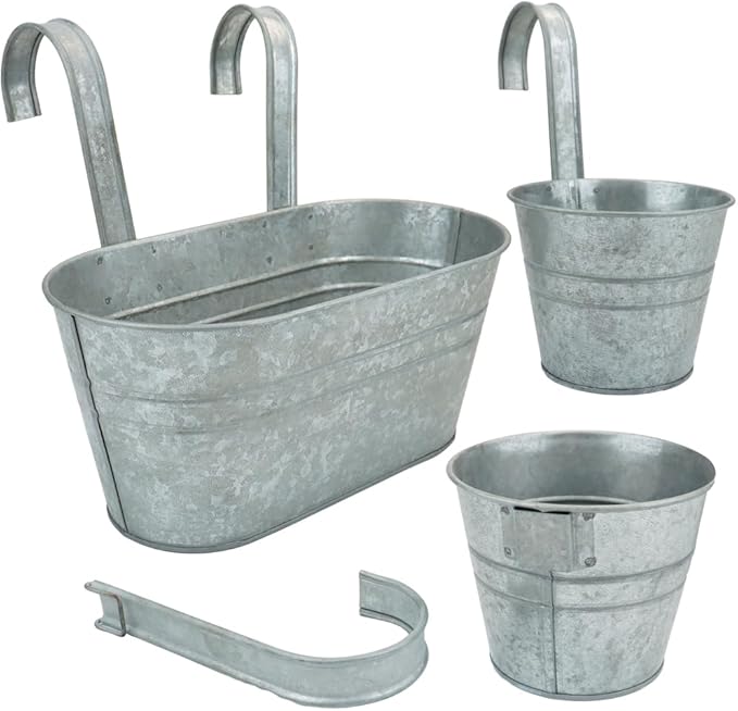3 Pcs Metal Wall Hanging Planter Pots, Vintage Flower Pots for Railing Fence, Hanging Bucket Pots, Window Flower Plant Holder with Detachable Hooks Home Decor (Silver)