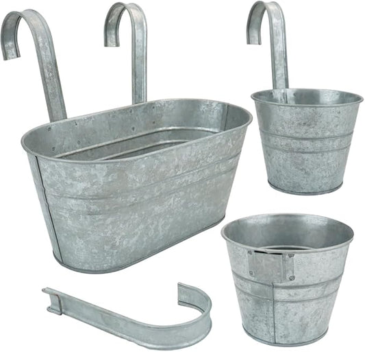 3 Pcs Metal Wall Hanging Planter Pots, Vintage Flower Pots for Railing Fence, Hanging Bucket Pots, Window Flower Plant Holder with Detachable Hooks Home Decor (Silver)