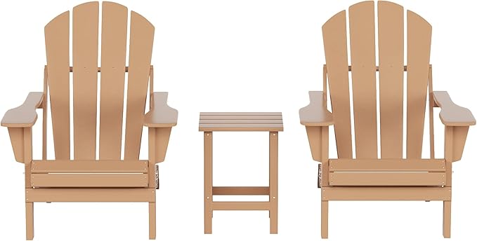 WO Home Furniture Adirondack Chairs Table Set of 3 PCS Outdoor Folding Chairs Side End Table Weather/UV Resistant for Lawn, Garden, Bon Fire, Balcony (Teak)