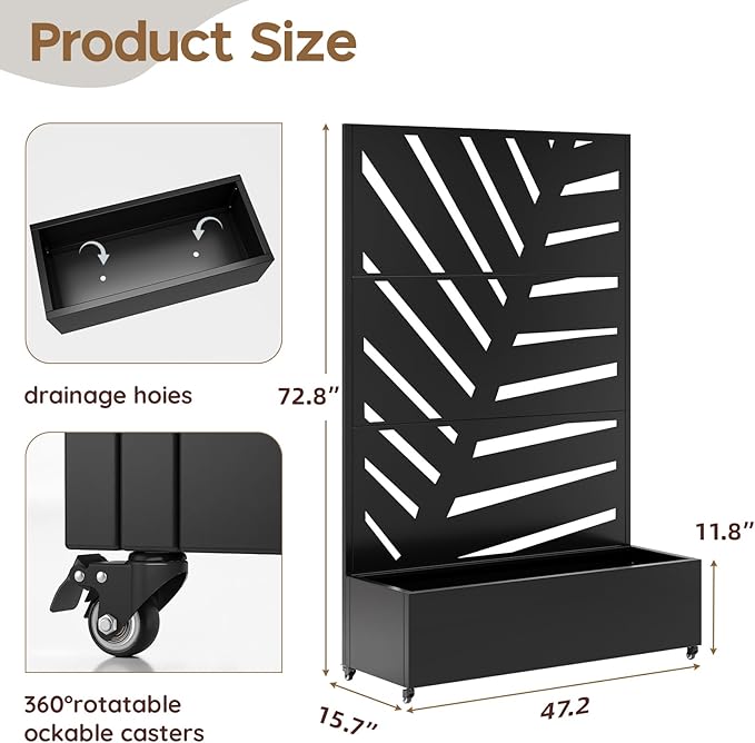 Metal Raised Garden Bed with Trellis & Wheels,70" x 47"x 15.7" Planter Box with Trellis,Privacy Planters for Patio,Garden Bed for Climbing Plants,Suitable for Climbing Plants and Vegetables,Black