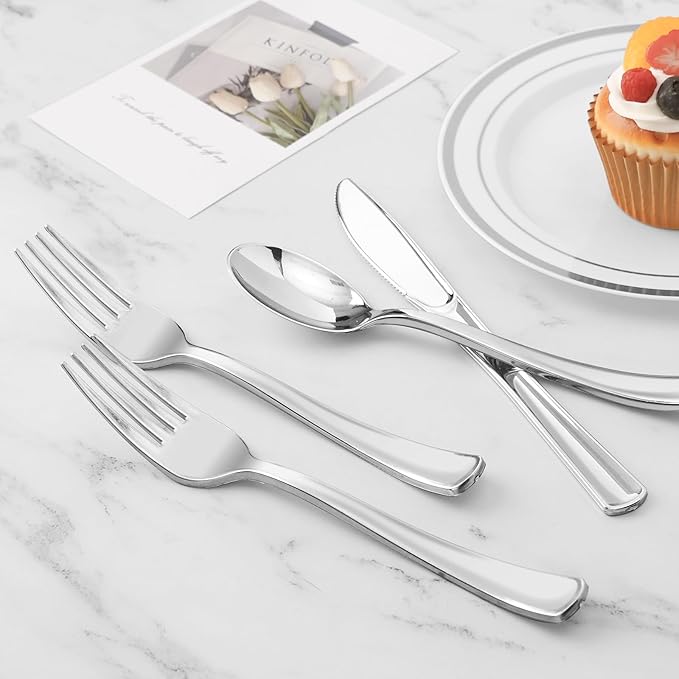 BESTVIP 60PCS Silver Plastic Silverware, Silver Disposable Utensils, Heavy Duty Cutlery Set of 30 Forks, 15 Spoons, 15 Knives for Christmas, Parties, Weddings, Catering and Daily Use