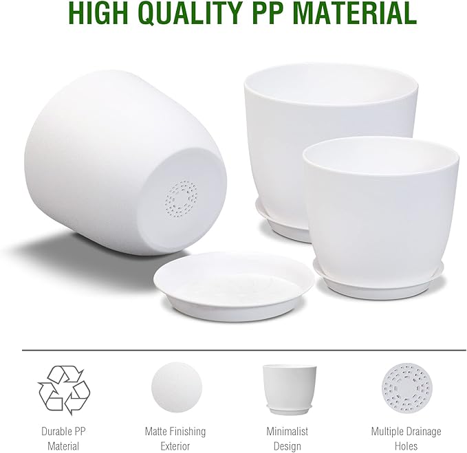WOUSIWER Plant Pots 10/9/8 inch, Set of 3 Modern Decorative Plastic Planters with Drainage Holes and Saucers for House Plants Indoor Flowers Plants, White