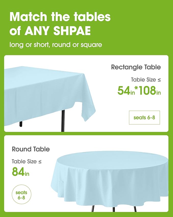 Pureegg Plastic Table Cloth Disposable 8 Pack, 54 x 108 Inch Table Cloths, Easter Party, Picnic, Wedding, Decorative Tablecloths, Rectangle, Baby Blue Plastic Cover, Leakproof & Sturdy, Light Blue