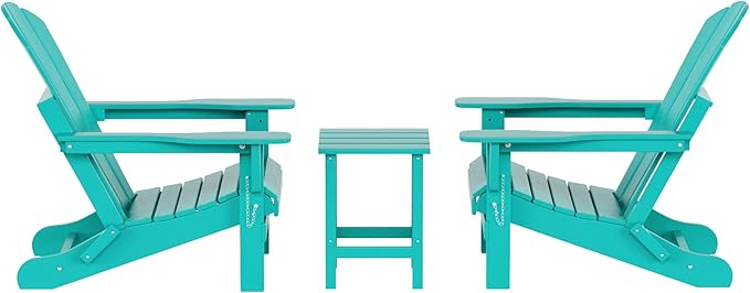 WO Home Furniture Adirondack Chairs Table Set of 3 PCS Outdoor Folding Chairs Side End Table Weather/UV Resistant for Lawn, Garden, Bon Fire, Balcony (Turquoise)