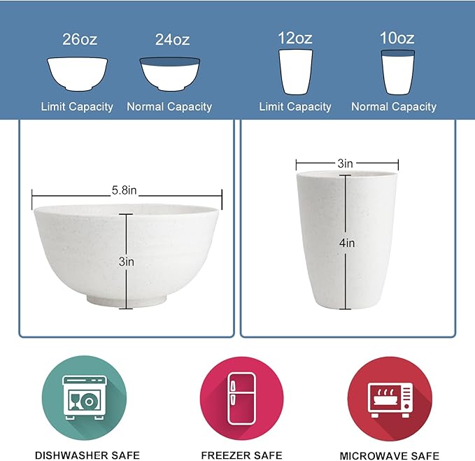 Wrova Wheat straw bowl and plate sets of 40 with cups for kids - Unbreakable plastic dinnerware sets service for 8 - Microwave and Dishwasher safe dish sets for kitchen and camping. White