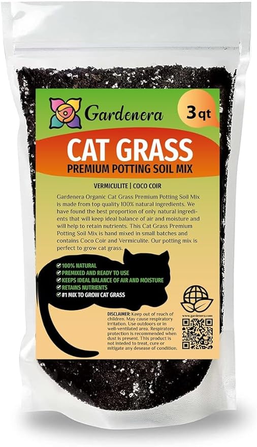 GARDENERA Cat Grass Potting Mix - Nurture Your Cat's Well-Being with This Specially Formulated Blend - 3 QUARTS
