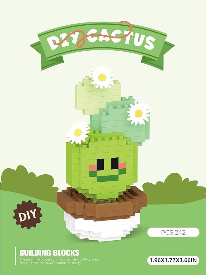 Round Fan Mini Cute Cactus Succulent Plants Bonsai Building Toy Potted Plant Blocks Particle Flower Botanical