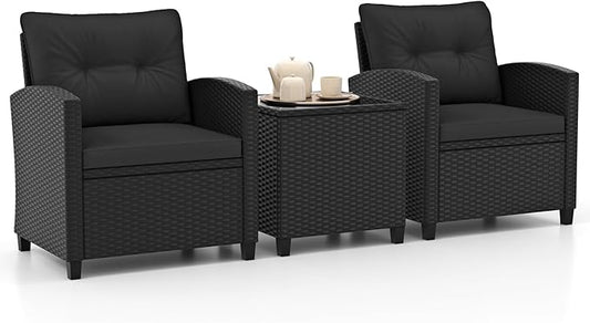HAPPYGRILL 3 Pieces Wicker Patio Conversation Set, PE Rattan Bistro Sofa Set with Tempered Glass Coffee Table, Washable Cushions, Outdoor Furniture Set for Garden Poolside Balcony (Black)