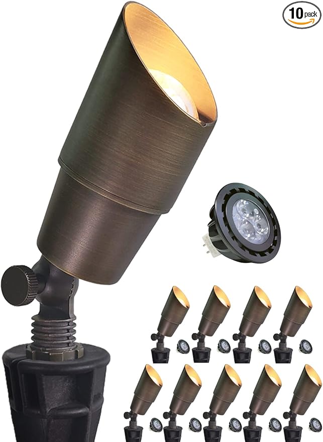 MALORY Brass Landscape Spotlight 10-Pack with Bulb(S01), Low Voltage 12V AC/DC LED Outdoor Landscape Lighting,PVC Ground Stake and Wire Connector Included, Garden Patio Trees Spot Uplight