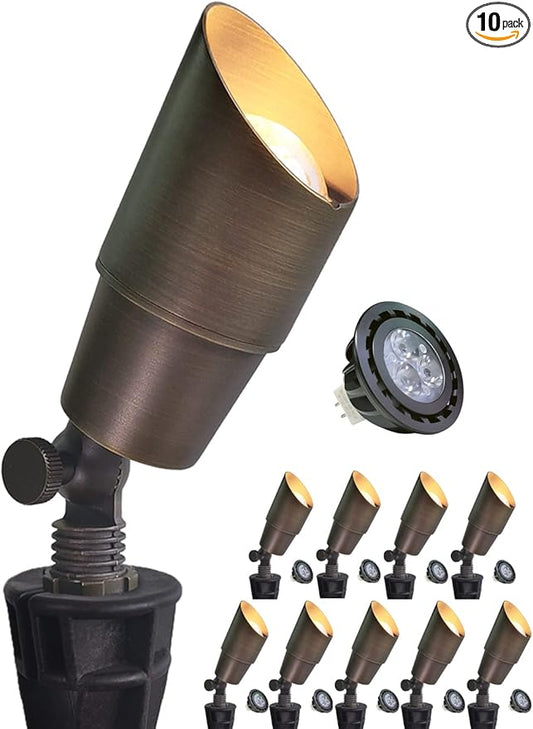MALORY Brass Landscape Spotlight 10-Pack with Bulb(S01), Low Voltage 12V AC/DC LED Outdoor Landscape Lighting,PVC Ground Stake and Wire Connector Included, Garden Patio Trees Spot Uplight