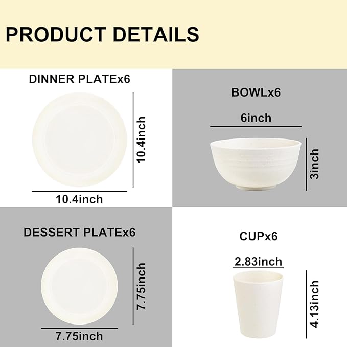 Rubtlamp 24 Pcs Wheat Straw Dinnerware Sets, Unbreakable Reusable Plastic Wheat Straw Bowls & Plates Dinner Set, Microwave And Dishwasher Safe Plates, 12Plates, 6Bowls, 6Cups for Party(Beige)