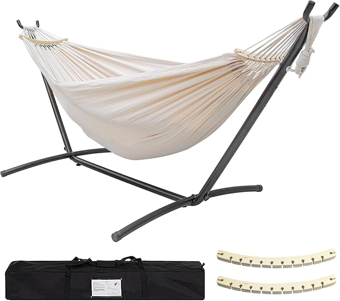SZHLUX Double Hammock with Stand Included 450lb Capacity Steel Stand, Premium Carry Bag Included.Indoor Outdoor Brazilian-Style Cotton Bed for Backyard, Camping,Garden, Beige