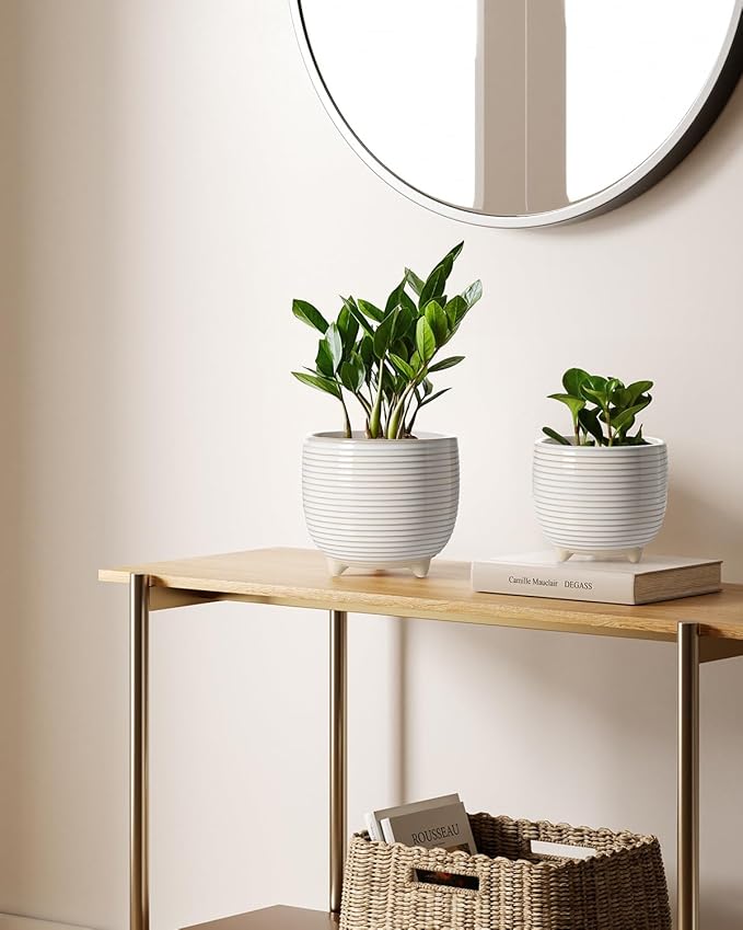 LE TAUCI Ceramic Plant Pots, 5.1 + 6.4 Inch Footed Pots for Plants, Modern Flower Pots for Home and Office, Indoor Planters with Drainage, Reactive Glaze White