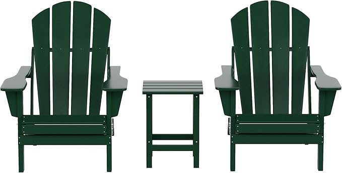 WO Home Furniture Adirondack Chairs Table Set of 3 PCS Outdoor Folding Chairs Side End Table Weather/UV Resistant for Lawn, Garden, Bon Fire, Balcony (Dark Green)