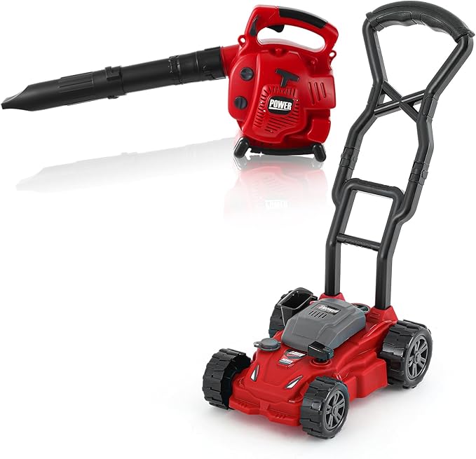 2 Pcs Toy Gardening Tool Set for Kids Leaf Blower, Push Lawn Mower Battery Powered Gardening Tool Set with Lights and Sounds Gift for Boys Girls