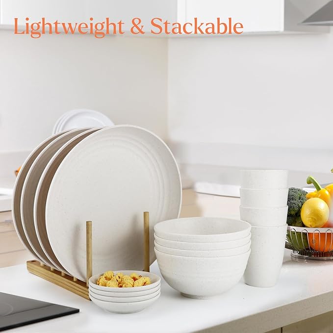 Wrova Wheat straw bowl and plate sets of 16 with cups - Unbreakable plastic dinnerware sets for kitchen - Microwave and Dishwasher safe dishes for kitchen,camping,indoors and out doors. White