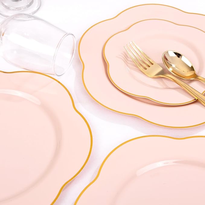 Liacere 50PCS Pink Plastic Plates - Heavy Duty Pink Disposable Plates - Pink and Gold Plastic Plates Include 25PCS Pink Dinner Plates,25PCS Pink Dessert Plates for Mother's Day& Baby Shower Gifts