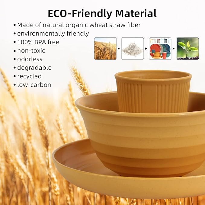 Wheat Straw Dinnerware Sets - SGAOFIEE 36 Piece Unbreakable Dinnerware Sets, Reusable Wheat Straw Plates and Bowls Sets, Travel Camping Cutlery Set, Dishwasher Microwave Safe Dinnerware Colourful