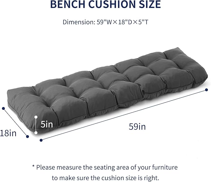 Outdoor Bench Cushion, 59x18x5 Inch, Waterproof Bench Cushion for Outdoor/Indoor Furniture, Tufted Patio Bench Seat Cushion, Fade Resistant Outdoor Cushions for Porch Swing Couch, Dark Grey