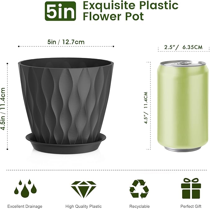 5 inch Plant Pots for Indoor Outdoor Plants, 6 Pack Thick Nursery Pots with Drainage Holes and Saucers, 3D Modern Wave Texture Small Plastic Planter Flower Pots for Succulent, Herb, Black