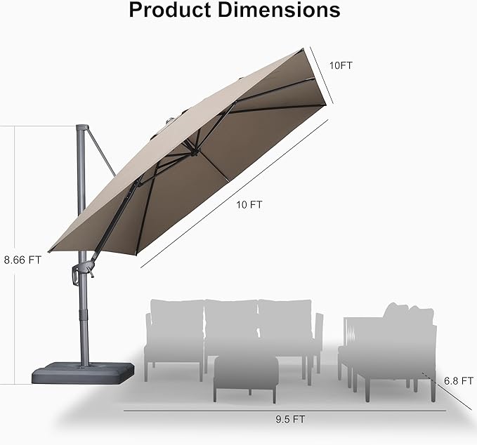 PURPLE LEAF 10 FT Outdoor Umbrella with Base Patio Cantilever Aluminum Umbrella with 3 Years Fade Resistance Recycled Fabric Offset Square with 360-degree Rotation for Deck Pool Garden, Ash Mocha