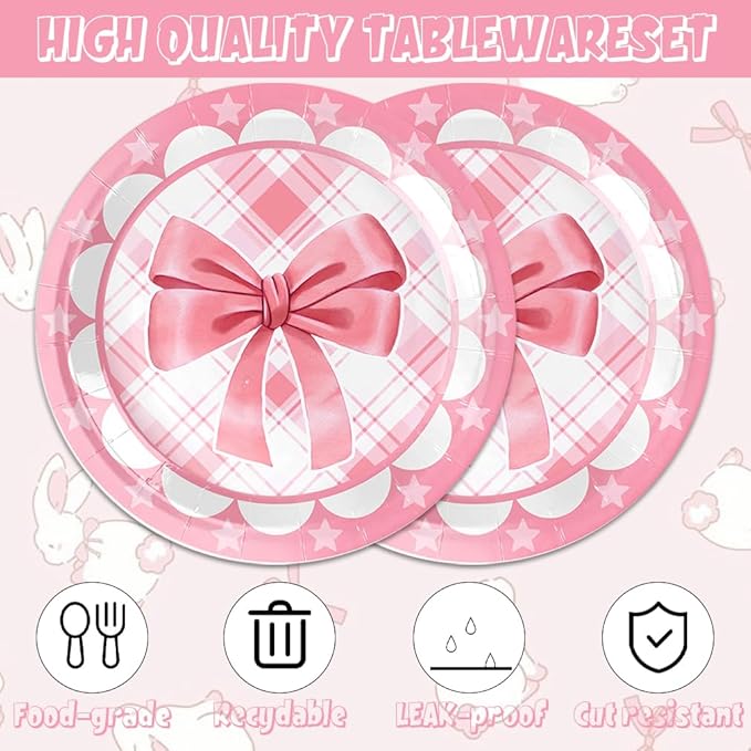 40Pcs Pink Bow Birthday Party Decorations for 20 Guests - Pink Bow Plates and Napkins Party Supplies for Girls Baby Shower
