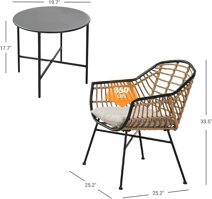 Grand patio 3-Piece Patio Furniture Set, Outdoor Wicker Patio Conversation Seating Chair with Cushions and Coffee Table, Boho Seating Chat Set for Indoor Outdoor, Balcony, Porch, Garden, Deck