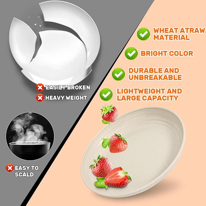 Wheat Straw Dinnerware Sets - SGAOFIEE 36 Piece Unbreakable Dinnerware Sets, Reusable Wheat Straw Plates and Bowls Sets, Travel Camping Cutlery Set, Dishwasher Microwave Safe Dinnerware-Beige White