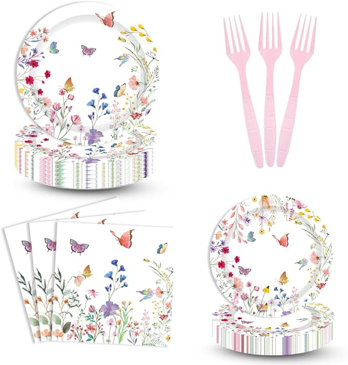 96PCS Wildflower Plates and Napkins Spring Floral Birthday Baby Shower Wedding Tableware Set Summer Floral Party Table Decorations Favors Serves 24 Guests