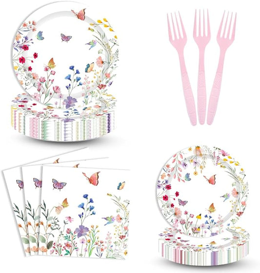 96PCS Wildflower Plates and Napkins Spring Floral Birthday Baby Shower Wedding Tableware Set Summer Floral Party Table Decorations Favors Serves 24 Guests