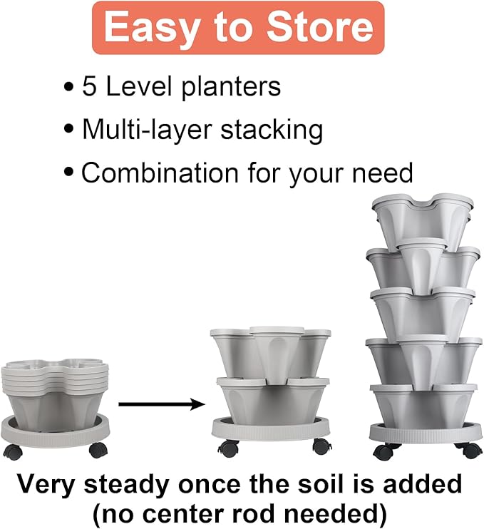 Vertical Planter 5 Tier Stackable Planters Garden Planters Strawberry Herb Flower and Vegetable Planter Indoor Outdoor Gardening Pots with Removable Wheels and Tools
