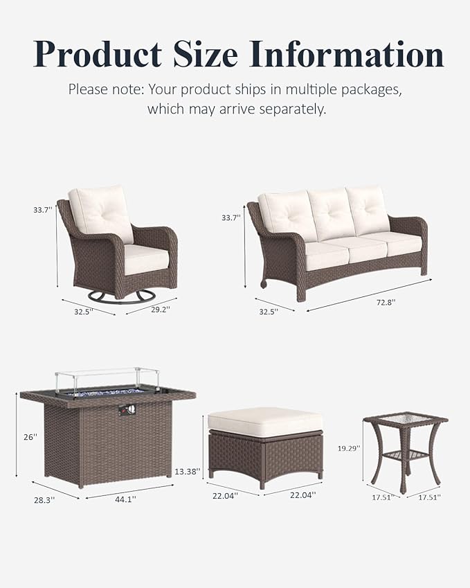 LayinSun 8 Piece Wicker Outdoor Furniture Set with 6-inch Comfy Cushions, High Back Patio Furniture Set with Swivel Rocking Chairs and Fire Pit Table