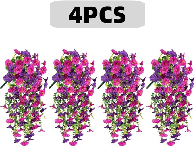 4PCS Artificial Hanging Flowers for Outdoor Decor UV Resistant Fake Morning Glory Realistic Silk Spring Summer Hanging Plants for Porch Patio Balcony Yard (Double Purple)