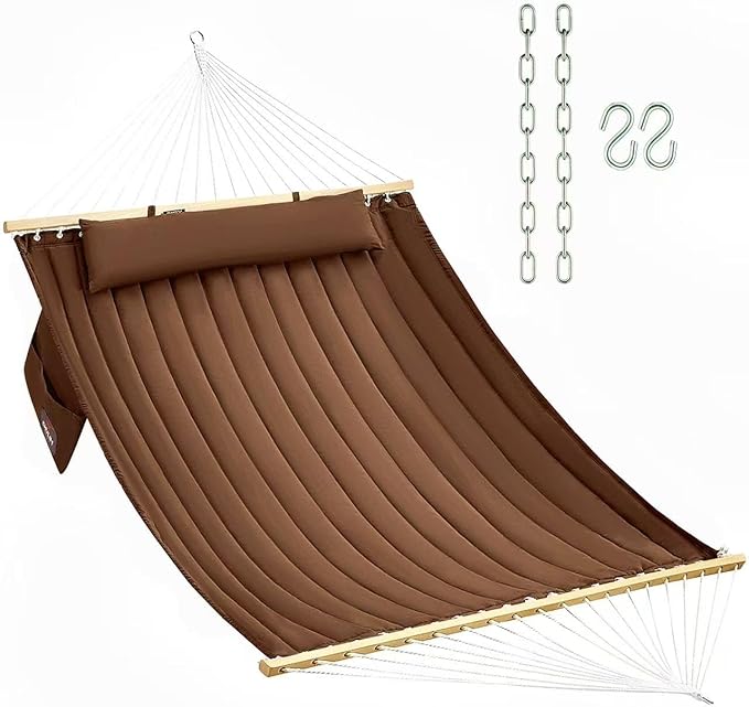 Double Quilted Fabric Hammock with Hardwood Spreader Bars and Pillow 450 LBS Capacity 2 Person Large Hammock for Outdoor Patio Backyard Poolside - Brown