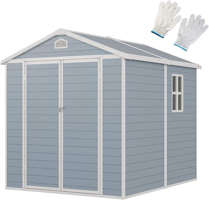 Outdoor Storage Shed, 8X6 FT Resin Shed with Floor and Lockable Doors, 260 CU.FT Waterproof Patio Storage Cabinet, Plastic Construction for Outdoor Storage