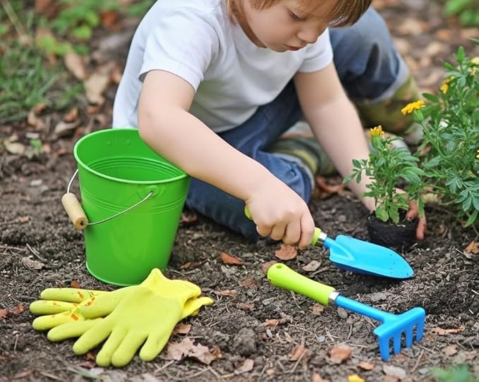 JustForKids 2 Pack Garden Tool Set – Green & Blue Metal Pails with Mini Shovel, Rake & Cultivator, Wooden Handles – Outdoor Gardening Tools for Kids
