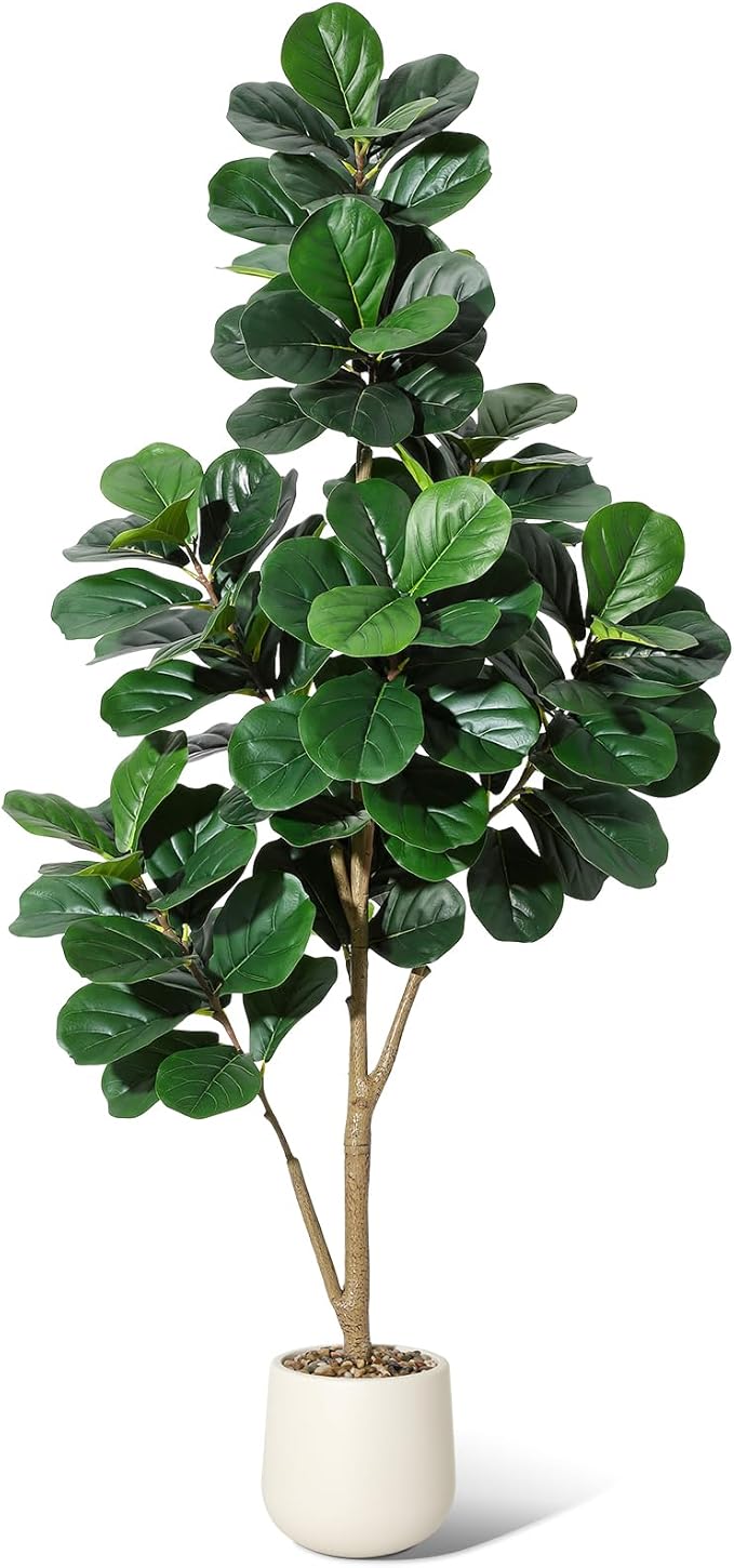 6FT Fiddle Leaf Fig Tree Artificial with 108 Leaves - Realistic Faux Ficus Lyrata Trees in 9" White Planter Pot, Indoor Fake Floor Plants for Home Office Living Room Decor, Housewarming Gift